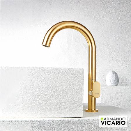 Μπαταρία Νιπτήρα Υψηλή με Βαλβίδα Clic-Clac Slim Vicario Brushed Gold